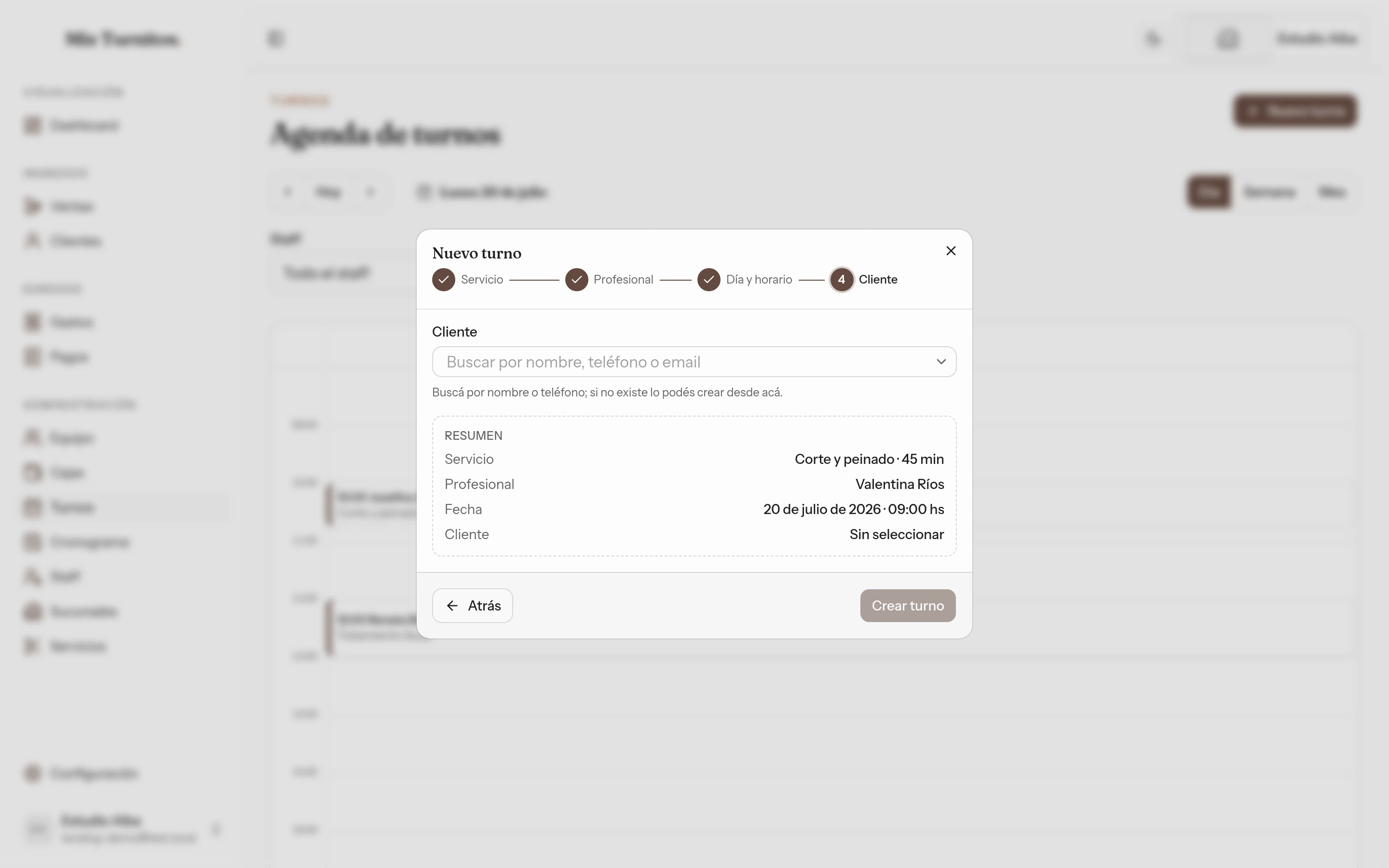 Paso 4 del asistente: búsqueda y selección del cliente