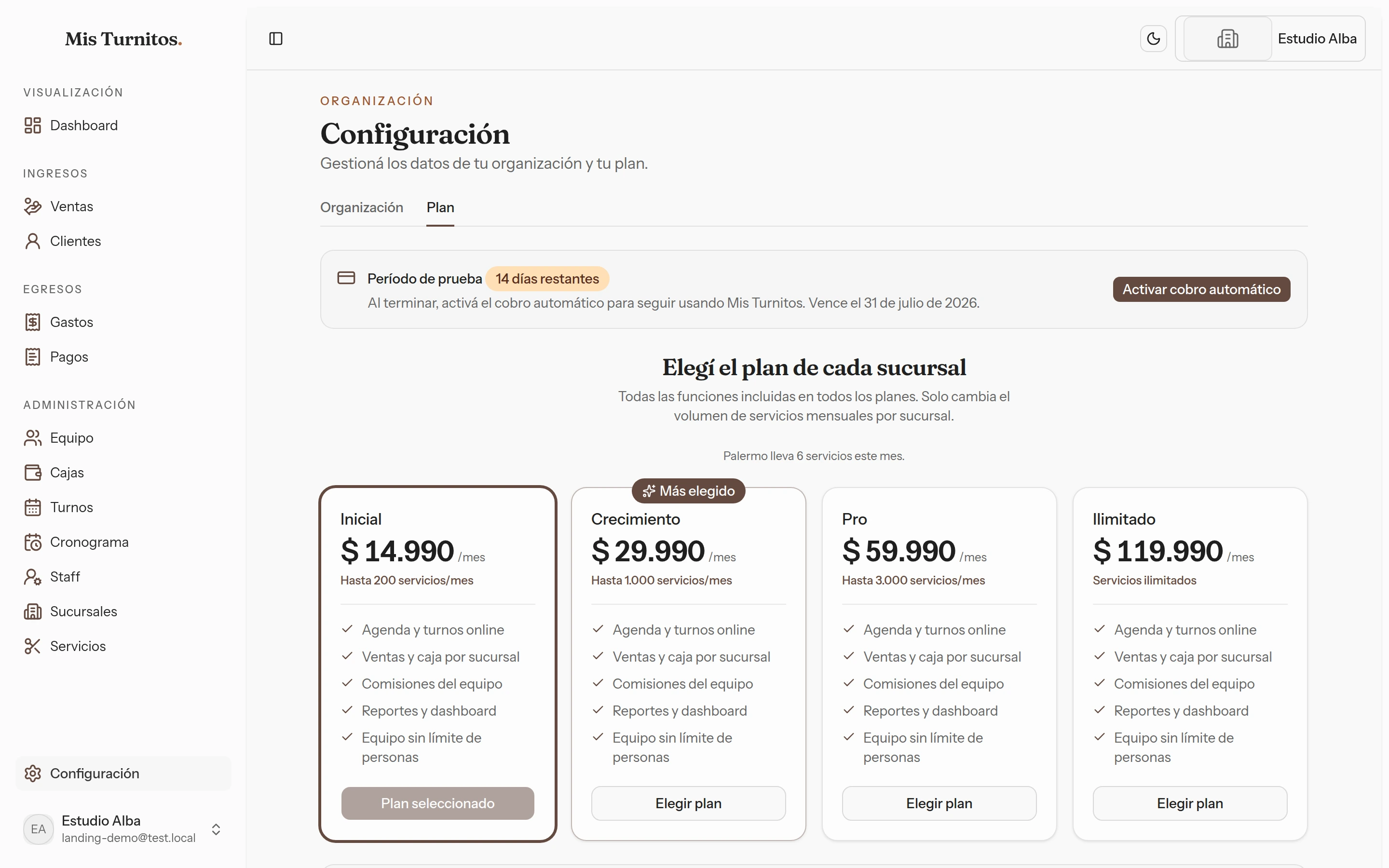 Configuración del plan por sucursal