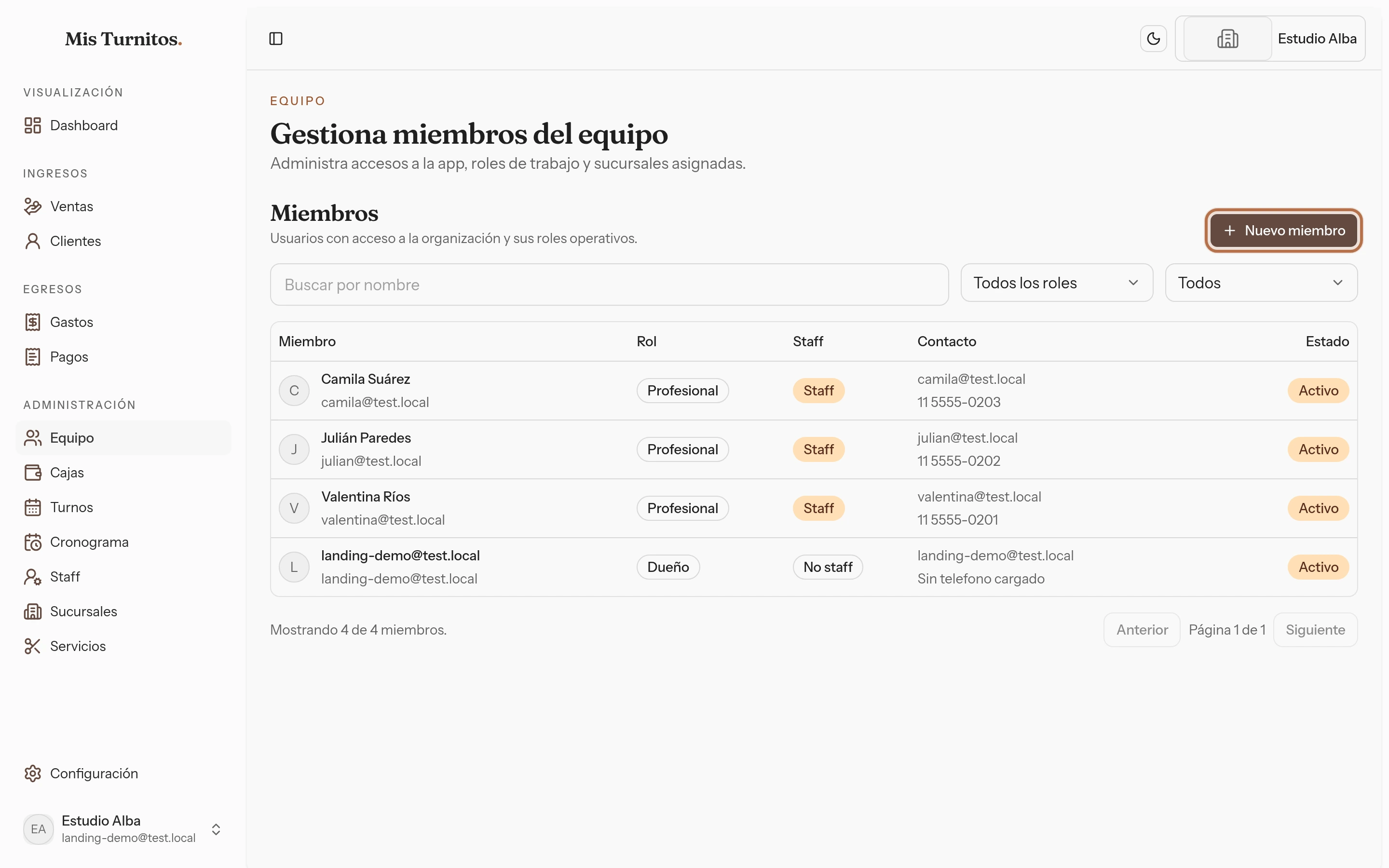 Listado del equipo con el botón Nuevo miembro resaltado
