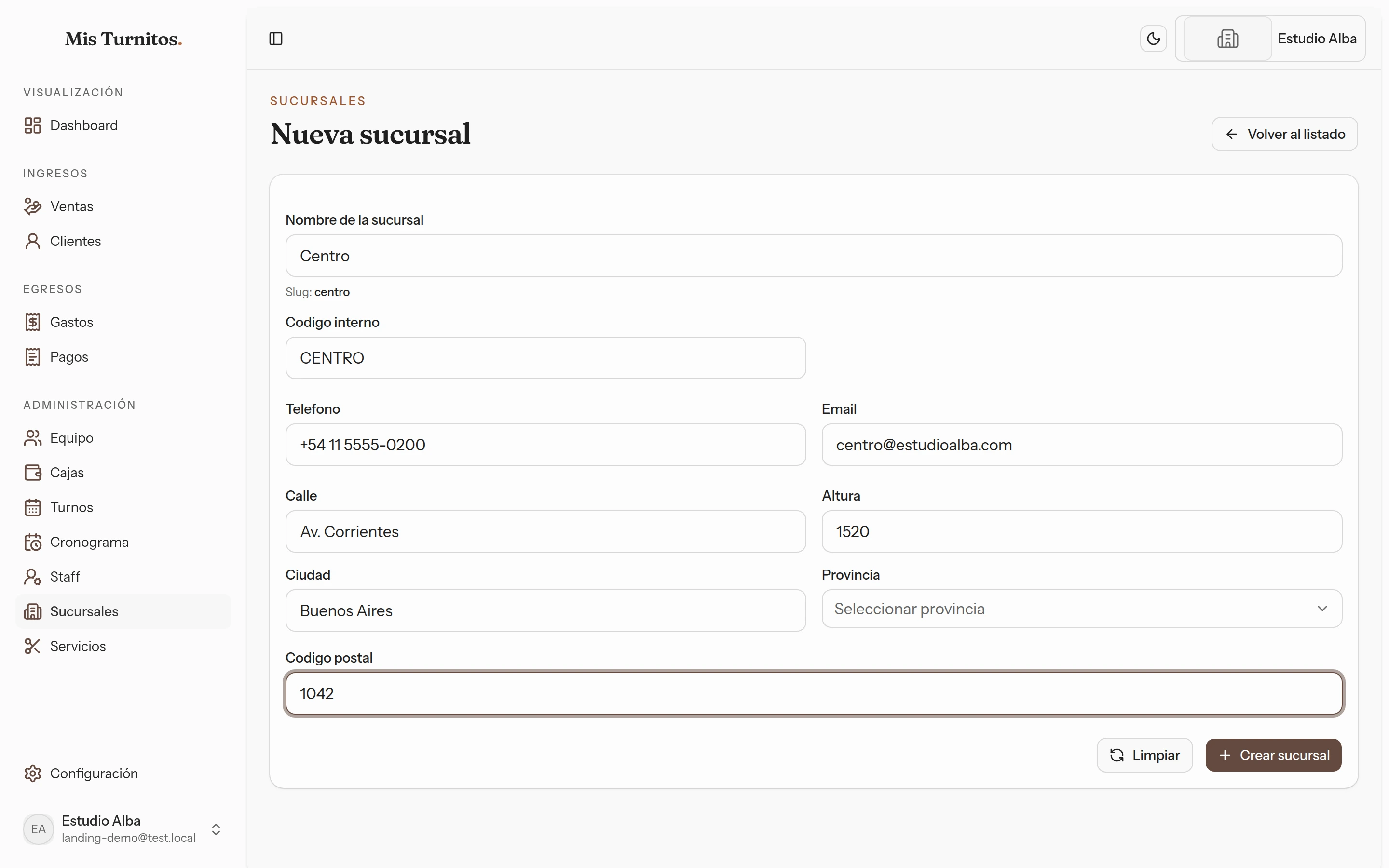 Formulario de nueva sucursal completo, con nombre, contacto y dirección