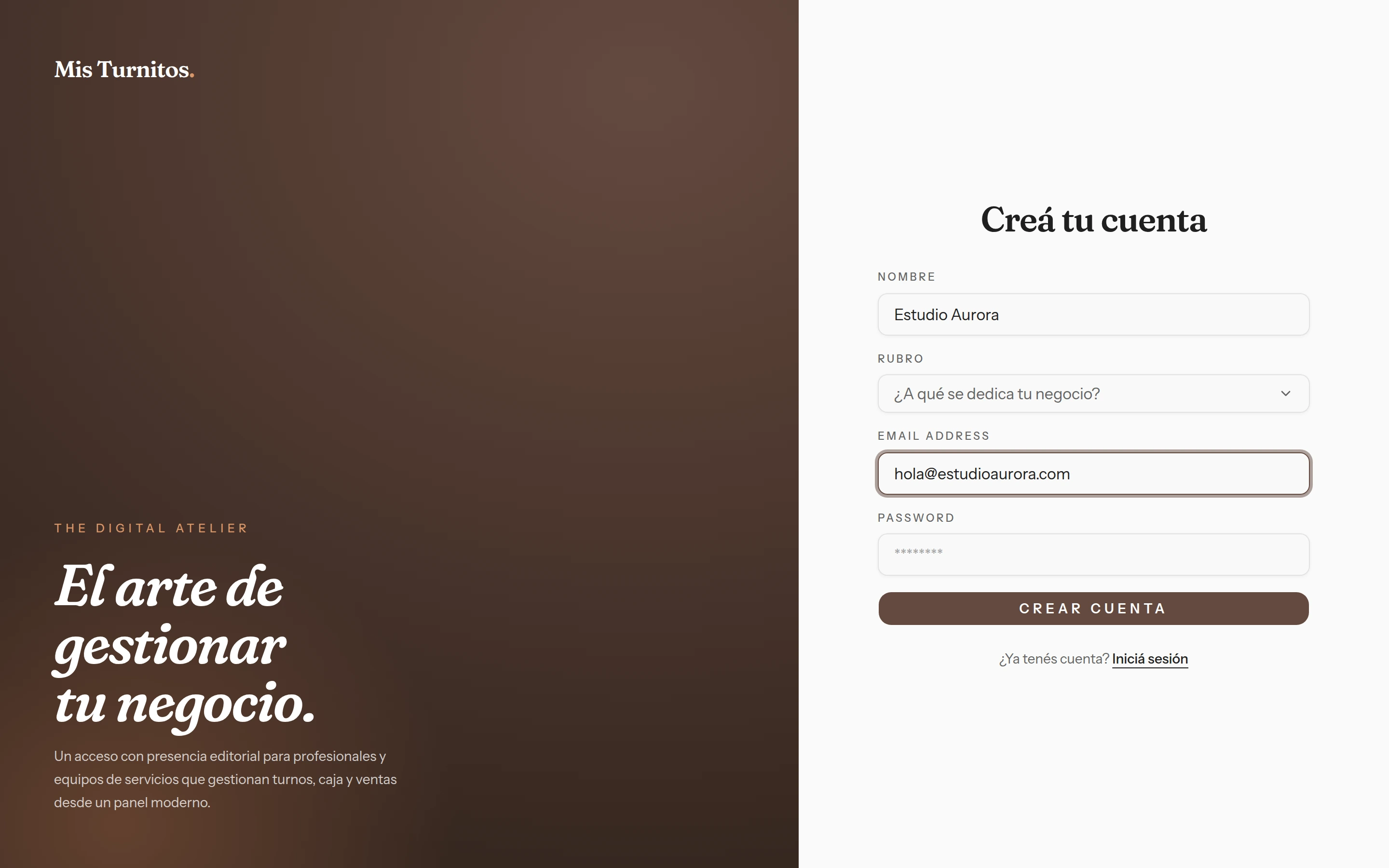 Formulario de registro de Mis Turnitos con nombre, email y contraseña