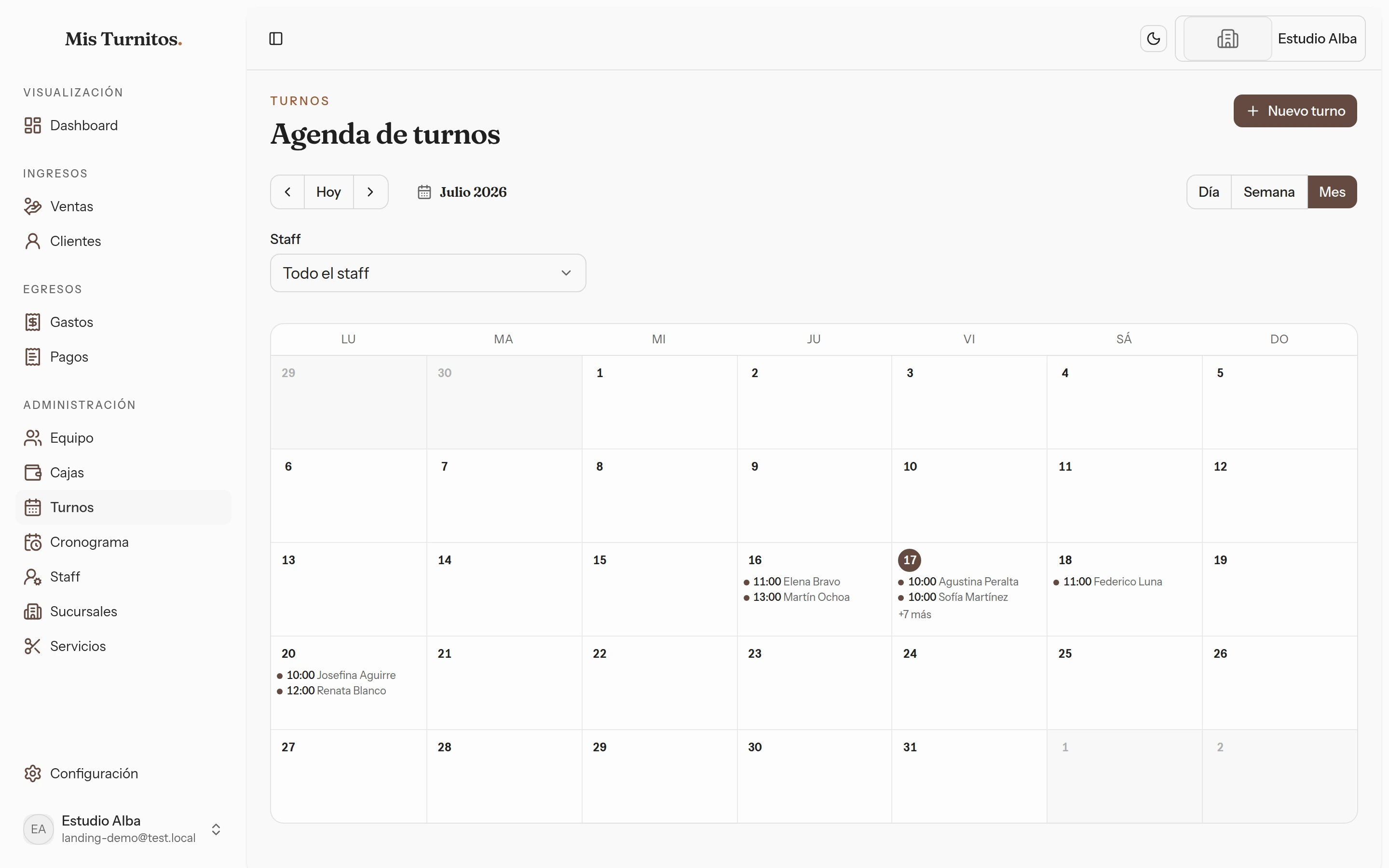 Vista de mes de la agenda